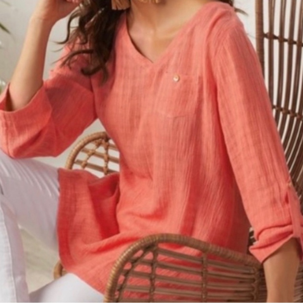 Soft Surroundings Linen Blend Gauzy Top S Coral